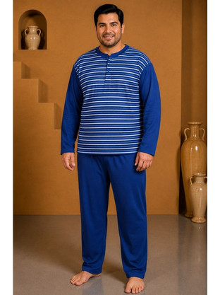 Ανδρική Χειμερινή Πιτζάμα Plus Size Βαμβακερή D0820 - ΜΠΛΕ-ΡΟΥΑ