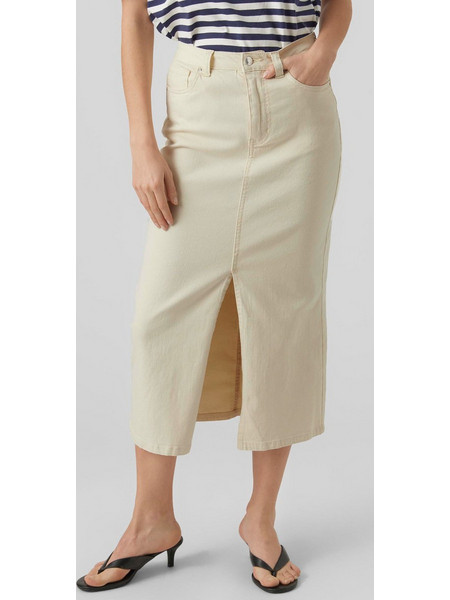 Vero Moda Μίντι Φούστα Τζιν Ψηλόμεση Pencil Μπεζ 10289850