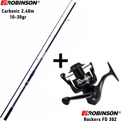 Robinson Combo Carbonic + Rockers FD 302 Σετ Καλάμι Ψαρέματος για Spinning Carbon Δίσπαστο 2.4m με Μηχανισμό 10-30gr