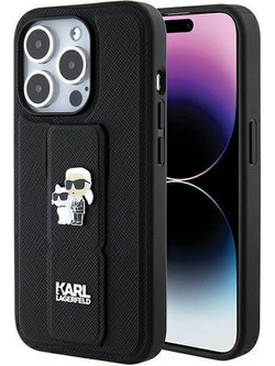 Karl Lagerfeld Gripstand Saffiano Karl & Choupette Pins Back Cover Black (iPhone 15 Pro Max)