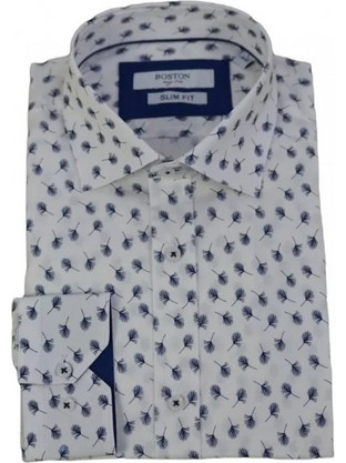 Boston Ανδρικό Πουκάμισο Βαμβακερό Μακρυμάνικο Slim Fit Λευκό 50321