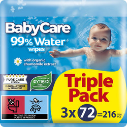 BabyCare Μωρομάντηλα με Νερό Χωρίς Parabens με Χαμομήλι 3x72τμχ