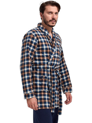 Lion Χειμωνιάτικη Ανδρική Ρόμπα Fleece Καρό Καφέ LN2017