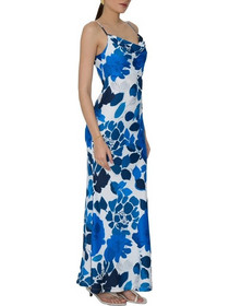 Mind Matter Nicci Maxi Καλοκαιρινό Φόρεμα για Γάμο / Βάπτιση Floral Ντραπέ Σατέν Λευκό Μπλε MML25-01-07-016