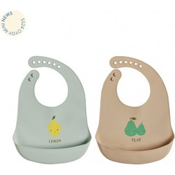 OYOY Mini Lemon Pear Σετ Αδιάβροχες Σαλιάρες Σιλικόνης με Κουμπί & Τσέπη Εκρού Πράσινο Mint 2τμχ