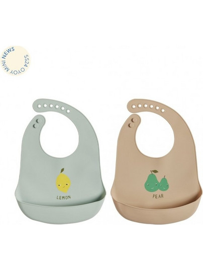 OYOY Mini Lemon Pear Σετ Αδιάβροχες Σαλιάρες Σιλικόνης με Κουμπί & Τσέπη Εκρού Πράσινο Mint 2τμχ
