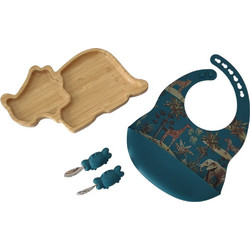 QueenMother Dino Βρεφικό Σετ Φαγητού Σιλικόνης & Bamboo Blue 4τμχ
