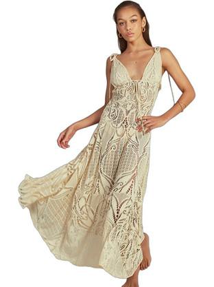 Lace Maxi Καλοκαιρινό Βραδινό Φόρεμα Εκρού FWS2314C