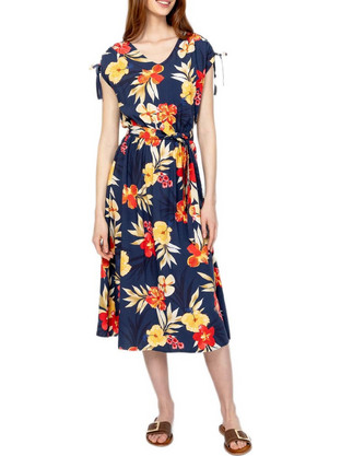 Heavy Tools Midi Καλοκαιρινό Καθημερινό Φόρεμα Floral Μεταξωτό Navy Μπλε T50064