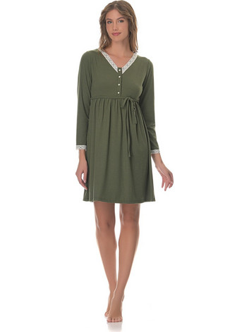 PNN Nightwear Manon Νυχτικό Εγκυμοσύνης Βαμβακερό Χειμωνιάτικο Χακί 1262-0360