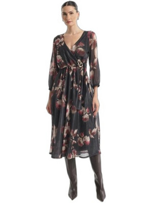 Fibes Fashion Midi Φόρεμα για Γάμο / Βάπτιση Floral Κρουαζέ Μαύρο 05-9741