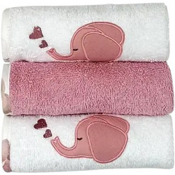 Baby Star Elephant Σετ Βρεφικές Λαβέτες Ώμου 100% Βαμβακερές Πετσετέ Λευκές Ροζ 30x30cm 3τμχ