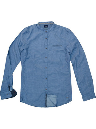 Double Ανδρικό Πουκάμισο Τζιν Μακρυμάνικο Slim Fit με Mao Γιακά Μπλε GP-500