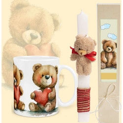 Πασχαλινη λαμπαδα αρκουδάκι λουτρινο με κουπα και ξυλινο κουτι (little Bear 80)