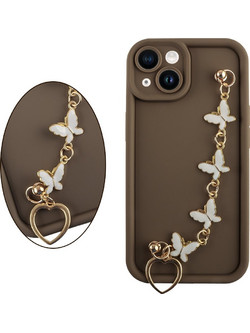 Volte-Tel Θηκη Iphone 14 6.1'' Silicon Tpu With Strap Full Camera Protection Brown With White BUTTERFLIES