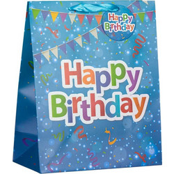Τσάντα Δώρου Χάρτινη Μπλε Happy Birthday Glitter 26x13x32cm