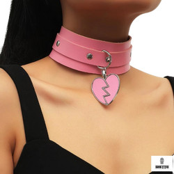 Ghetto Punk Pink Leather Broken Heart Gothic Choker Colar