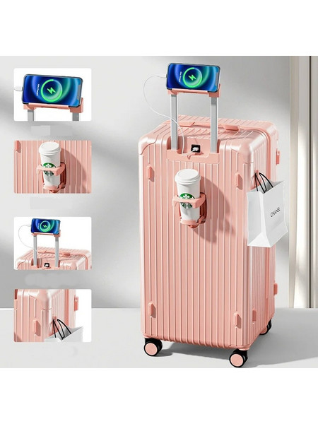 Smart Βαλίτσα Μεγάλου Μεγέθους 32" - Μ39,5xΠ34xΥ79cm - ABS+PC - USB & Θήκη Κινητού, Ποτηροθήκη, 8x Spinner Ρόδες - Ροζ - KOURK