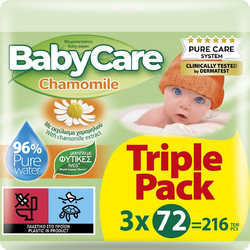 BabyCare Chamomile Μωρομάντηλα Χωρίς Οινόπνευμα & Parabens με Χαμομήλι 3x72τμχ