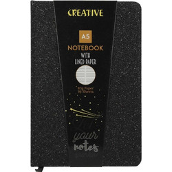 Creative - Τετράδιο Βιβλιοδετημένο Notebook Glitter, 14x21 cm, Ριγέ 96 Φύλλα, Black 52946