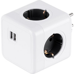 POWERCUBE 79633 Πολύπριζο 6 Θέσεων με 2 x Πρίζες DC 5V USB 2.0 & 4 x EU Schuko Πρίζες Ασφαλείας Childproof AC 220-240V 3680W/16A Max Load IP20 - Λευκό & Γκρι - Μ7.5 x Π11.5 x Υ7.5