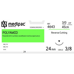 Ράμμα Polyamid 3/0 μη Απορροφήσιμο με Αντιστρόφως Κόπτουσα Βελόνα Medipac DS24 1x45 24mm 4643