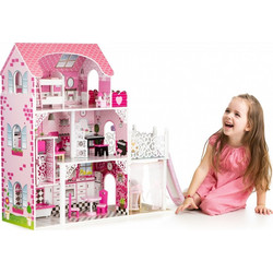 Ecotoys Ξύλινο Κουκλόσπιτο με Έπιπλα, Ασανσέρ & Τσουλήθρα TL49059