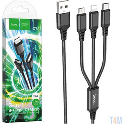 Hoco X76 - Καλώδιο 3 σε 1 USB-A σε Lightning / Micro USB / Type-C 2A 1m σε Μαύρο Χρώμα