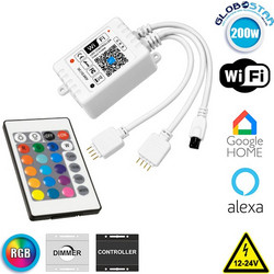 GLOBOSTAR(R) 73411 PRISM RGB Controller 3CH DC 12-24V 8A 200W Max IP20 - WiFi + IR Ασύρματο Χειριστήριο + 2 Έξοδοι RGB - M17xΠ3.5xΥ2cm