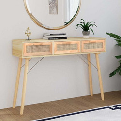 vidaXL Τραπέζι Κονσόλα 105x30x75 εκ. Μασίφ Πεύκο & Φυσικό Ρατάν - Καφέ