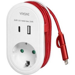 Αντάπτορας πρίζας σούκο με 2 USB (Type-A + Type-C) με καλώδιο φόρτισης USB-C/Lightning 0.8m 230 Λευκό CS-2(GS) Virone
