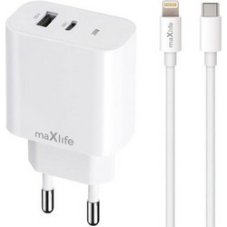 Maxlife MXTC-06 Φορτιστής με Καλώδιο Lightning με Θύρα USB-A & Θύρα USB-C 20W Power Delivery