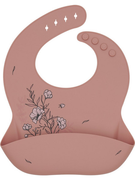 KikkaBoo Platinum Flora Αδιάβροχη Σαλιάρα Σιλικόνης με Κουμπί & Τσέπη 6m+ Ροζ