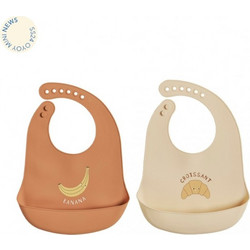 OYOY Mini Banana Croissant Σετ Αδιάβροχες Σαλιάρες Σιλικόνης με Κουμπί & Τσέπη Καφέ Εκρού 2τμχ