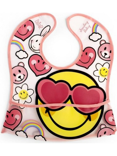 Lulabi Smiley Baby Αδιάβροχη Σαλιάρα Ποδιά Πλαστική με Αυτοκόλλητο & Τσέπη Ροζ