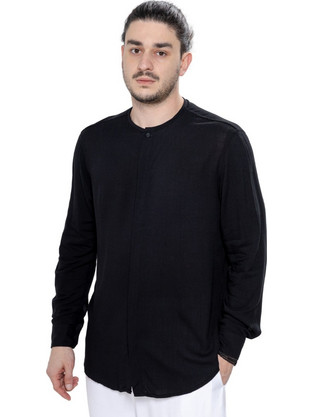 Twin Black Ανδρικό Πουκάμισο Βαμβακερό Μακρυμάνικο Κανονική Γραμμή με Mao Γιακά Μαύρο 02-40111