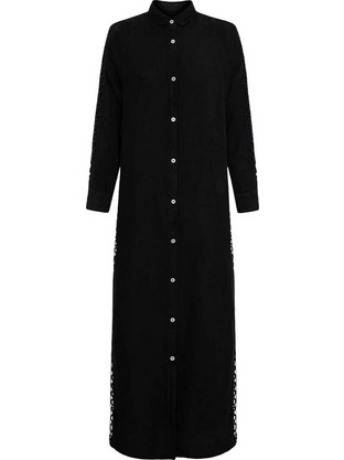 Mrs Mood Maxi Καλοκαιρινό Καθημερινό Φόρεμα Σεμιζιέ Λινό Μαύρο BIANCAE23