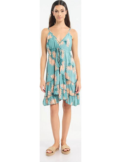 Inart Ble Mini Καλοκαιρινό Καθημερινό Φόρεμα Floral Μεταξωτό Τιρκουάζ 5-41-348-1348