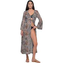 Milena By Paris Γυναικείο Κιμονό Παραλίας Μακρύ Animal Print Καφέ Μαύρο 40329