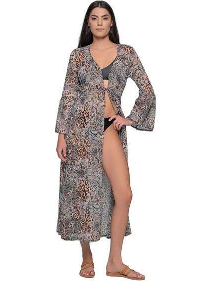 Milena By Paris Γυναικείο Κιμονό Παραλίας Μακρύ Animal Print Καφέ Μαύρο 40329