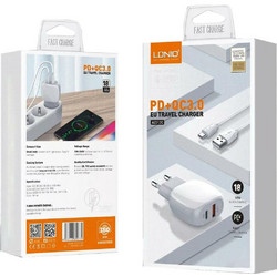 Ldnio A2313C Φορτιστής με Καλώδιο Lightning με Θύρα USB-A & USB-C 18W Power Delivery & Quick Charge 3.0 White