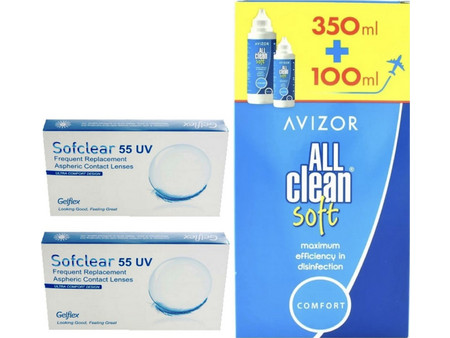ΠΡΟΣΦΟΡΑ 12 μηνιαίοι φακοί SOFCLEAR 55 UV+1 υγρό ALL CLEAN 350+100ml