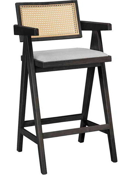 Σκαμπό bar με μπράτσα Winslow pakoworld ξύλο rubberwood μαύρο-pvc rattan φυσικό-ύφασμα γκρι