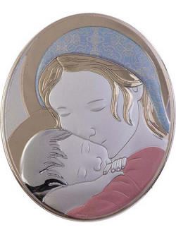 Ασημένια Καθολική Εικόνα Μητέρα της Αγάπης Οβάλ Μπλε - Ανοιχτό Κόκκινο 12.2x15 Καφέ