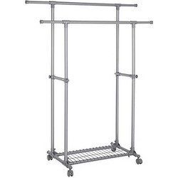 SONGMICS Double Clothes Rail, Extendable Garment Rack, from 87 to 150 cm, Rolling Clothes Rack with Shelf, Sturdy Structure, Max Static Load 70 kg, for Clothes Scarves, Grey LLR13GY