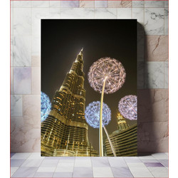 Πίνακας, Illuminated Cityscape with Dandelion Sculptures Φωτισμένο αστικό τοπίο με γλυπτά πικραλίδας