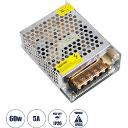 73033 Μεταλλικό Τροφοδοτικό PELV για Προϊόντα LED 60W 5A - AC 220-240V σε DC 12V - IP20 - Μ11 x Π8 x Υ3.5cm