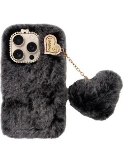 Vivid Fluffy Plush Case With Heart-Shaped Chain Apple Iphone 16 Pro Grey/Black - (CS-FR-1-2409002)