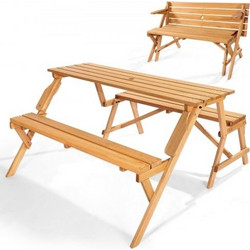 VEVOR 2-in-1 Μεταμορφώσιμο Εναλλάξιμο Τραπέζι Πικνίκ, Εξωτερικό Ξύλινο Τραπέζι και Σετ Πάγκου, Φορητός Αναδιπλούμενος Πάγκος με Τρύπα για Ομπρέλα, Έπιπλα Τραπεζαρίας για Κήπο, Αυλή, Βεράντα (Καφέ)