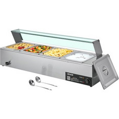 VEVOR Ηλεκτρικός Θερμαντήρας Τροφίμων 1500W από Ανοξείδωτο Ατσάλι με Γυάλινο Κάλυμμα, 4 Δίσκοι & Κουτάλες SYSPBWQBLZK4RHM29002V2